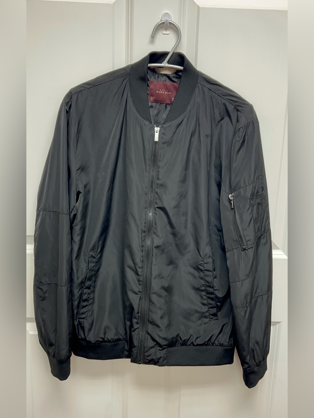 Zara Black Men's Bomber Jacket with Sleeve Zip Pocket Size Large
